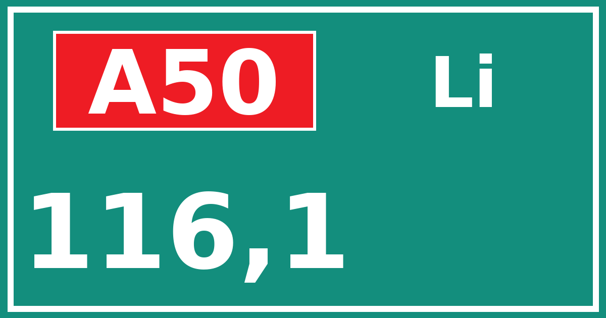 Hectometerbord A50 116,1 zijde Li