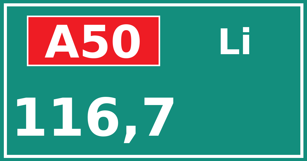 Hectometerbord A50 116,7 zijde Li