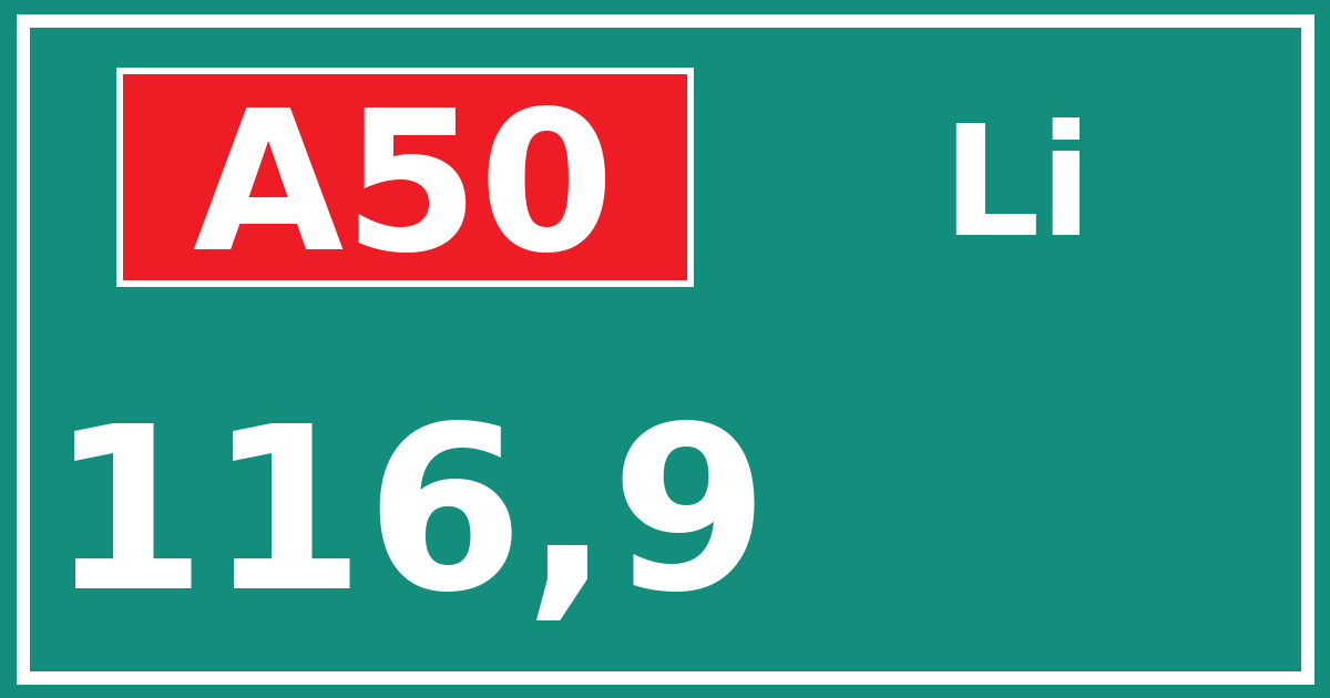 Hectometerbord A50 116,9 zijde Li