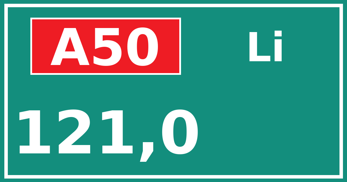 Hectometerbord A50 121,0 zijde Li