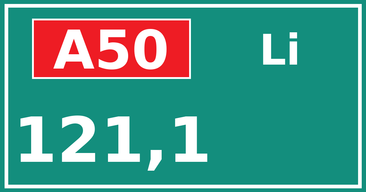 Hectometerbord A50 121,1 zijde Li