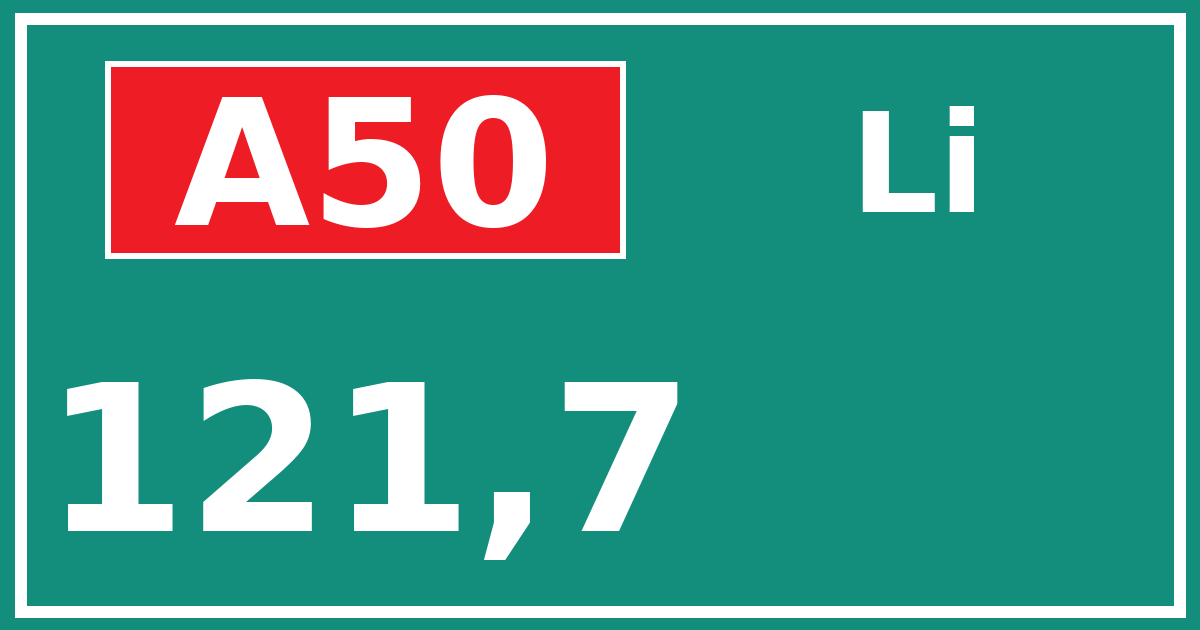 Hectometerbord A50 121,7 zijde Li