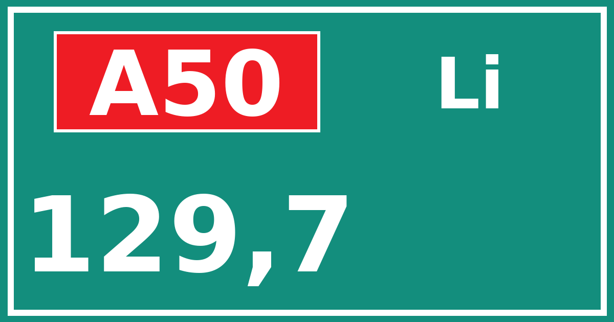 Hectometerbord A50 129,7 zijde Li