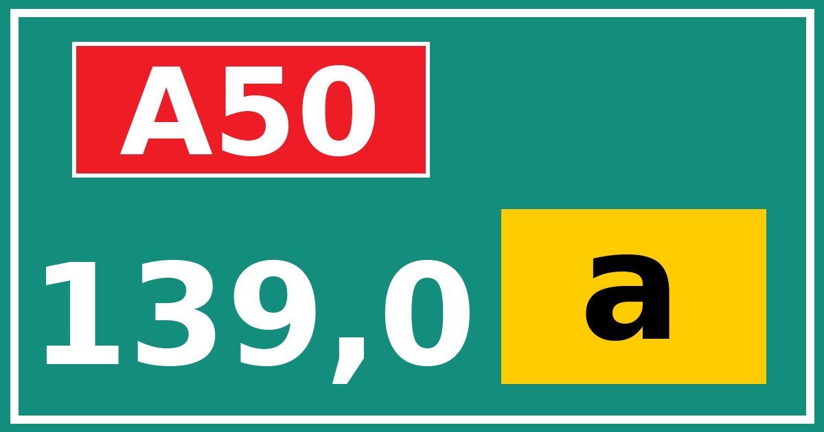 Hectometerbord A50 139,0 letter a