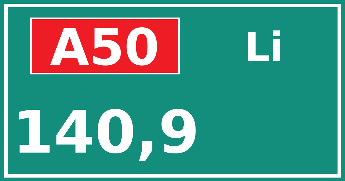 Hectometerbord A50 140,9 zijde Li