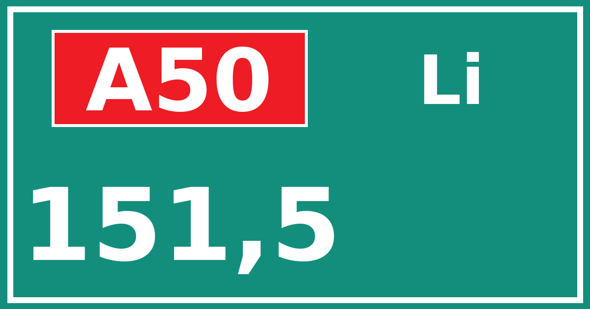 Hectometerbord A50 151,5 zijde Li