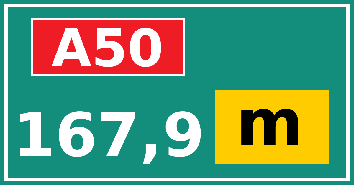 Hectometerbord A50 167,9 letter m