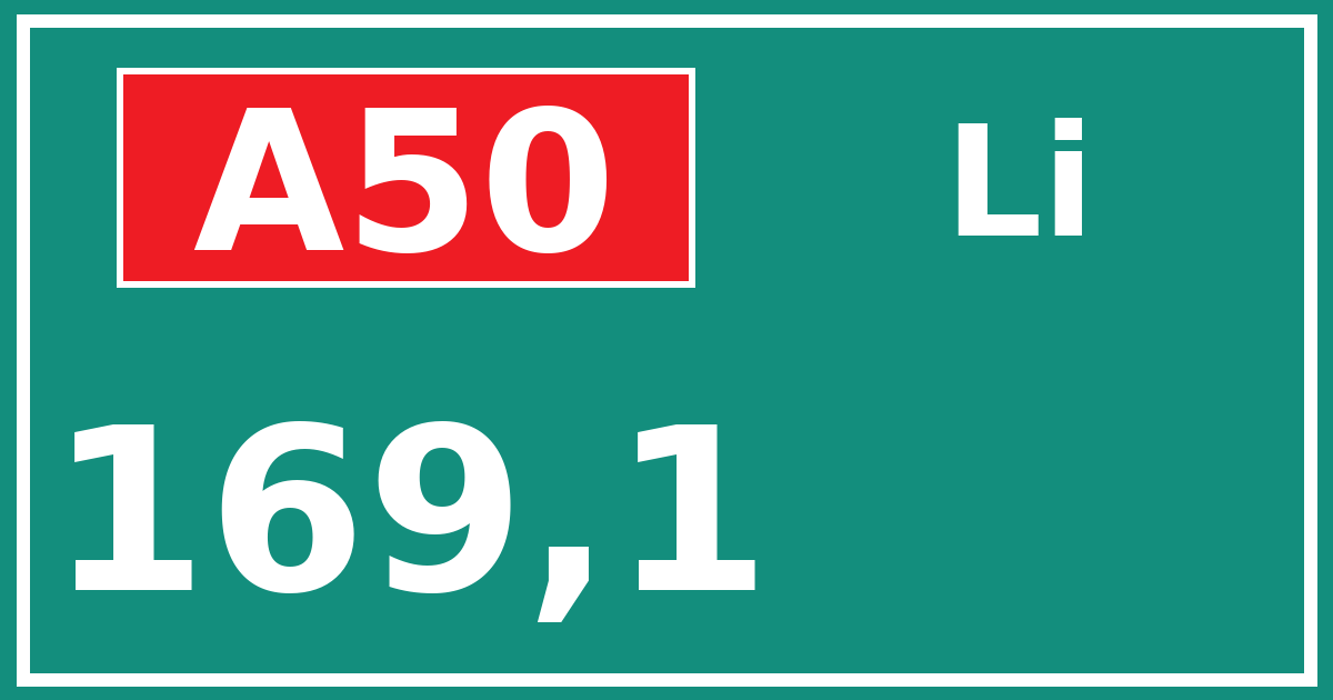 Hectometerbord A50 169,1 zijde Li