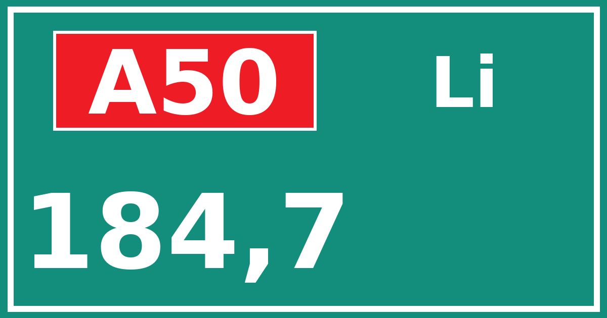 Hectometerbord A50 184,7 zijde Li