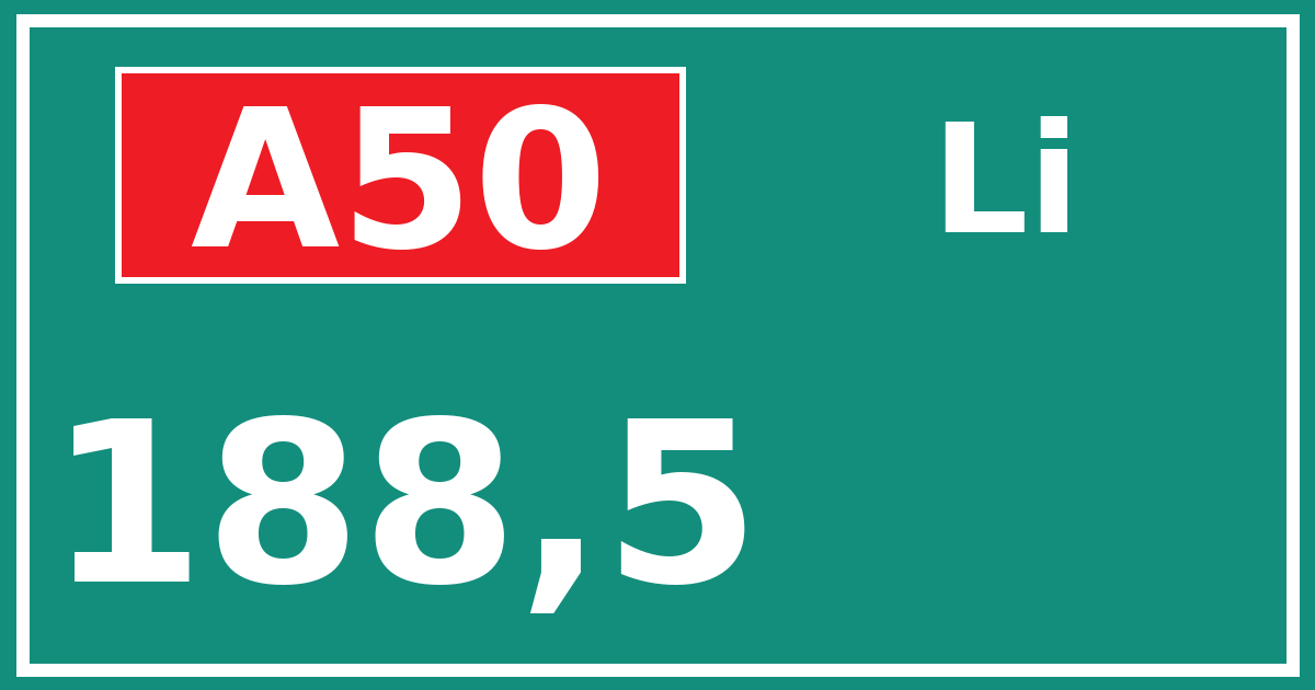 Hectometerbord A50 188,5 zijde Li