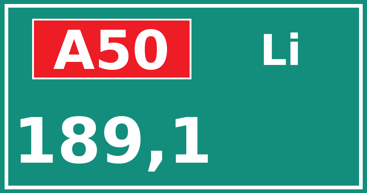 Hectometerbord A50 189,1 zijde Li