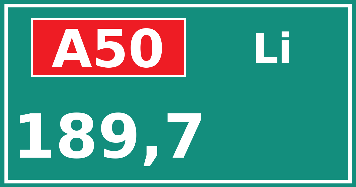 Hectometerbord A50 189,7 zijde Li