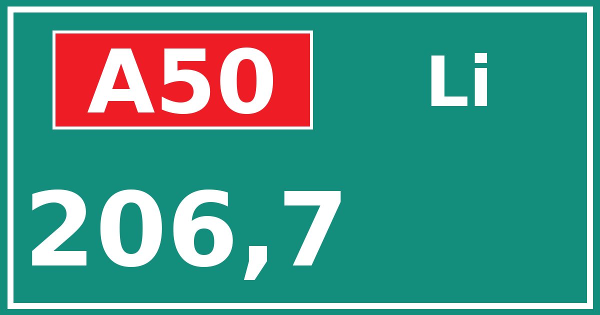 Hectometerbord A50 206,7 zijde Li