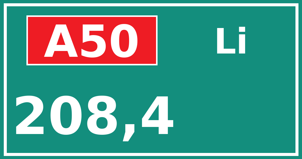 Hectometerbord A50 208,4 zijde Li