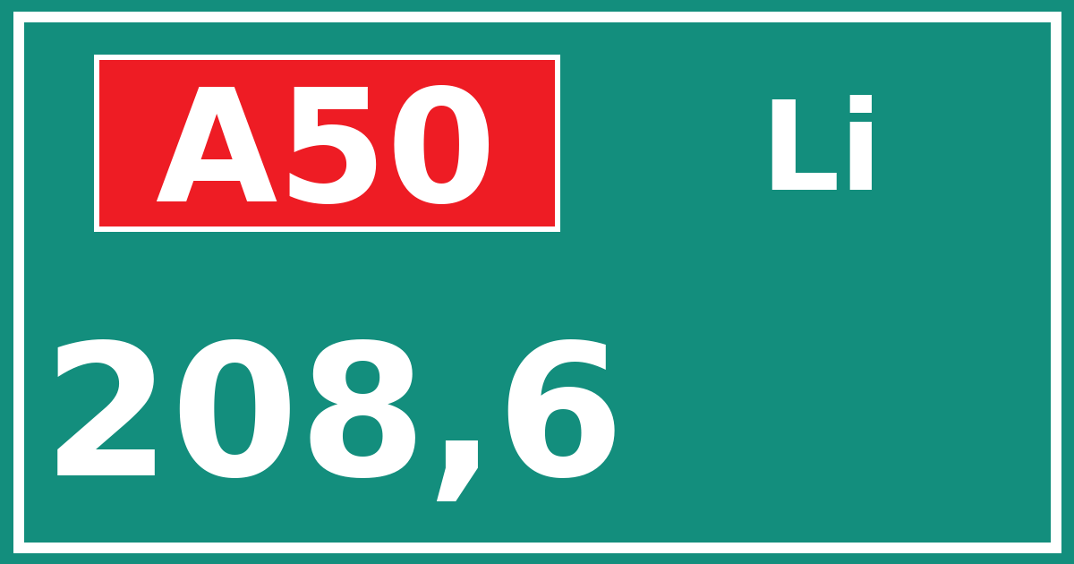 Hectometerbord A50 208,6 zijde Li