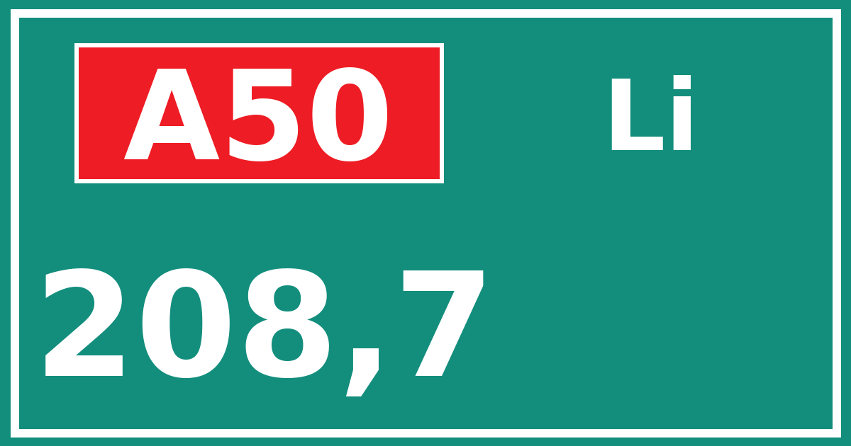 Hectometerbord A50 208,7 zijde Li