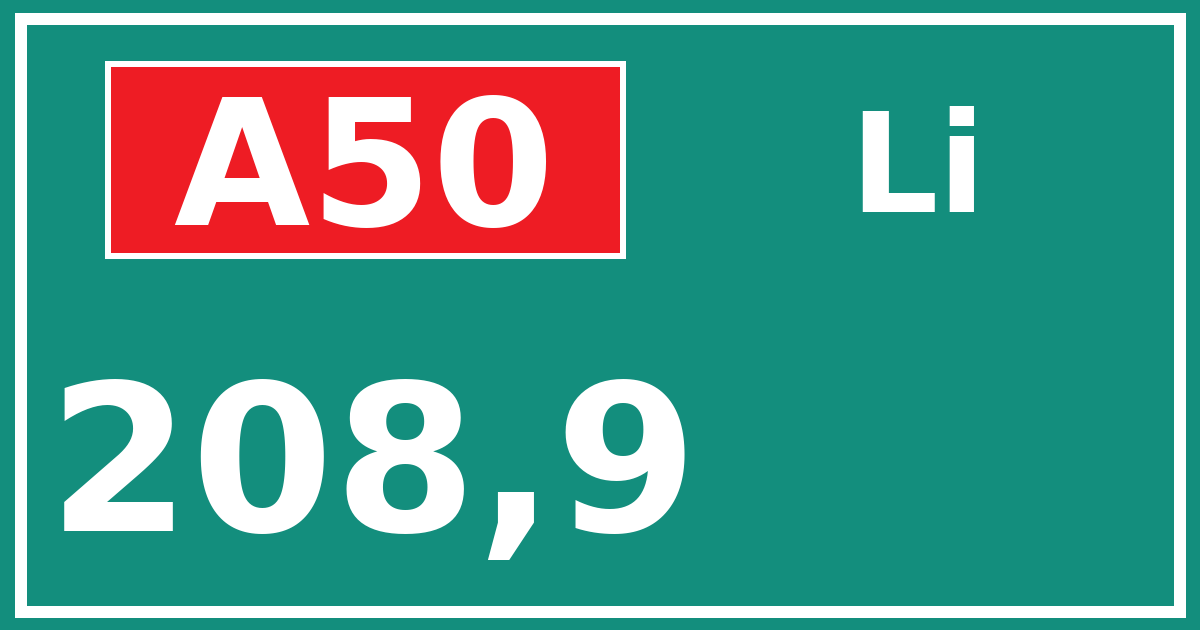 Hectometerbord A50 208,9 zijde Li