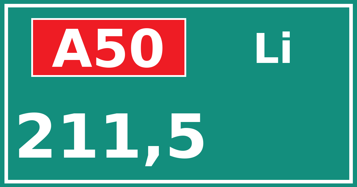Hectometerbord A50 211,5 zijde Li