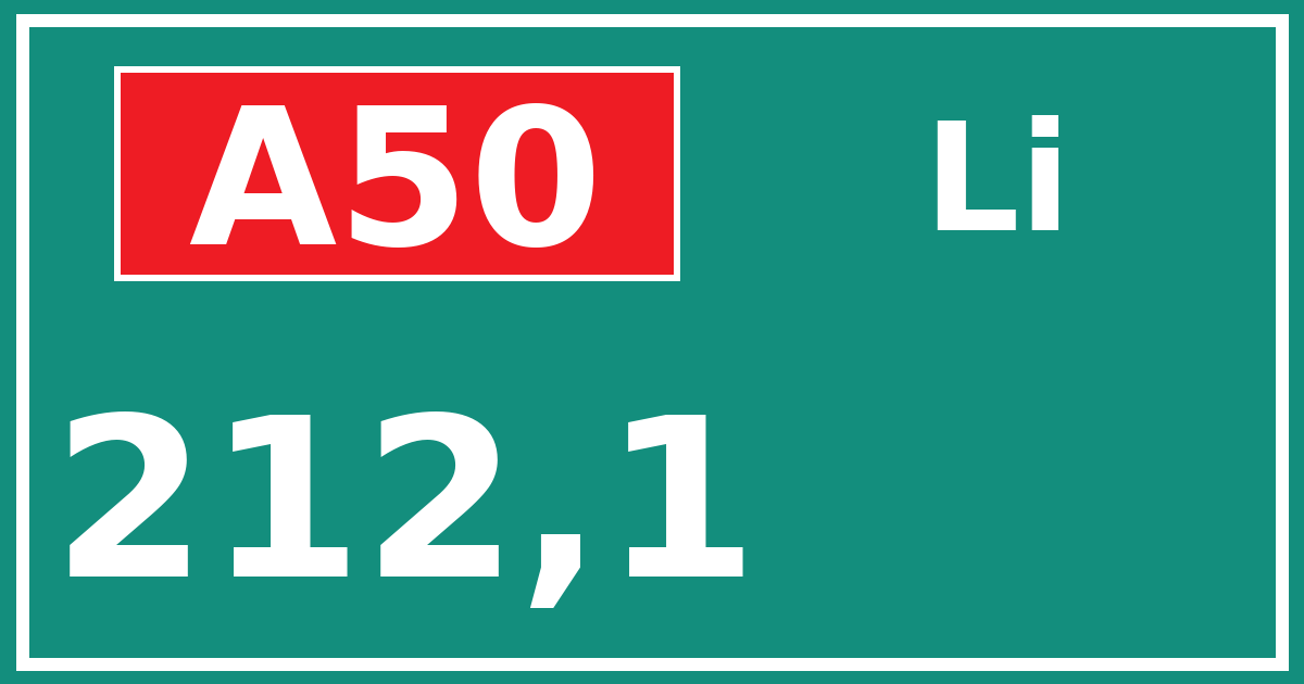 Hectometerbord A50 212,1 zijde Li