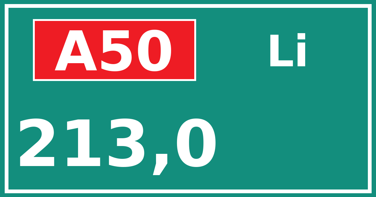 Hectometerbord A50 213,0 zijde Li
