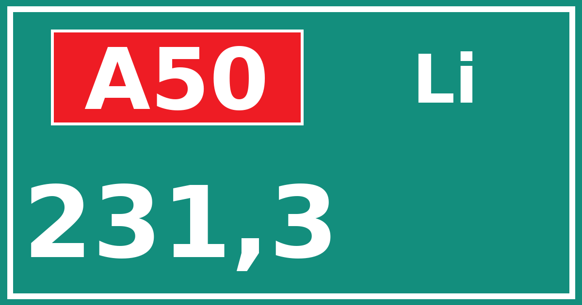 Hectometerbord A50 231,3 zijde Li