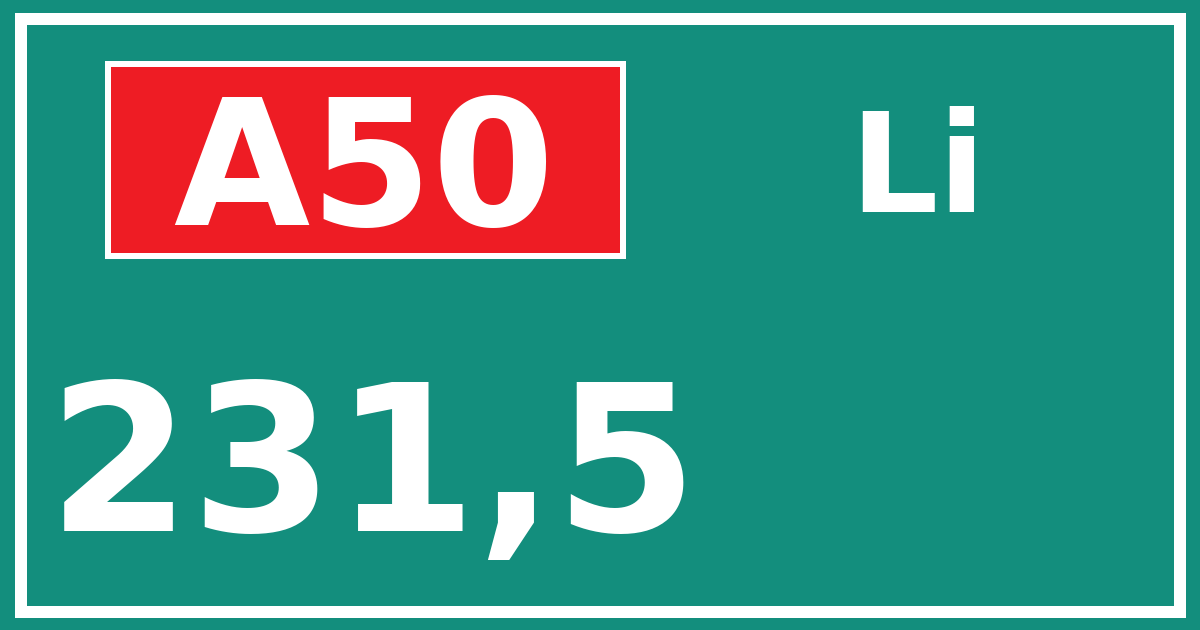 Hectometerbord A50 231,5 zijde Li