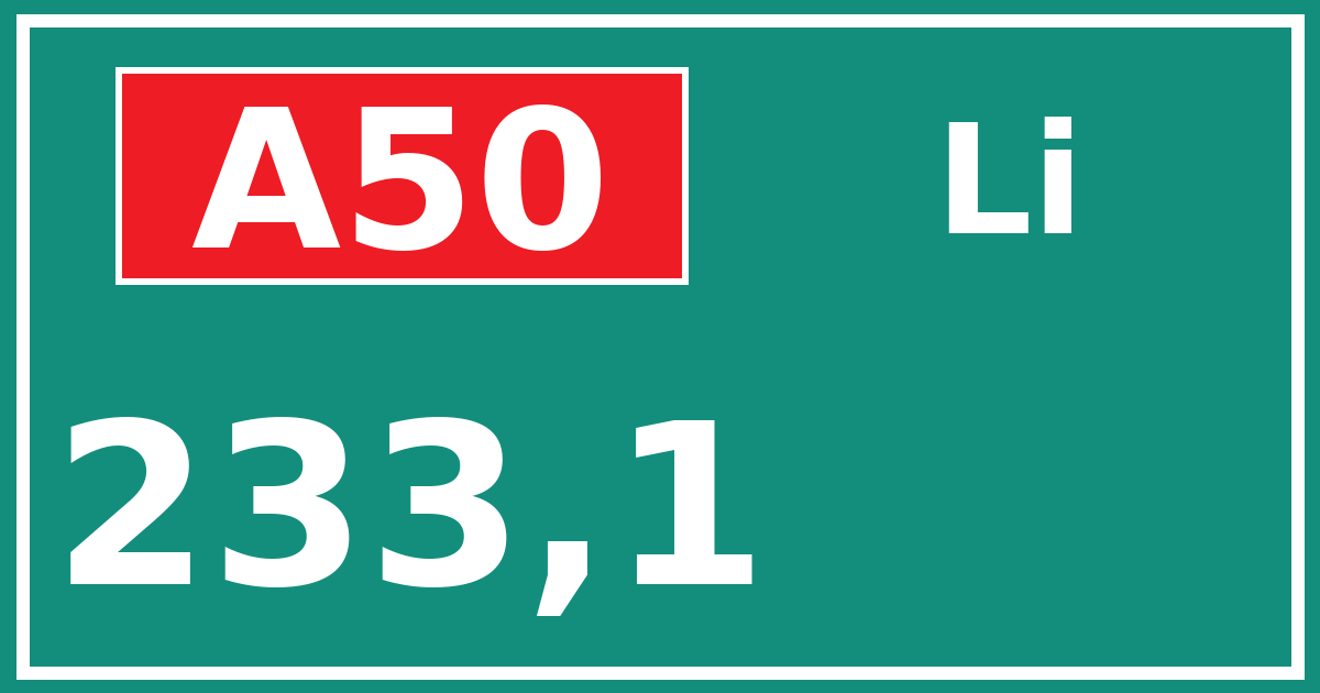 Hectometerbord A50 233,1 zijde Li