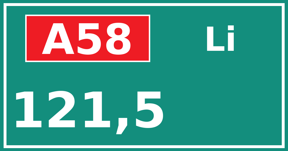 Hectometerbord A58 121,5 zijde Li