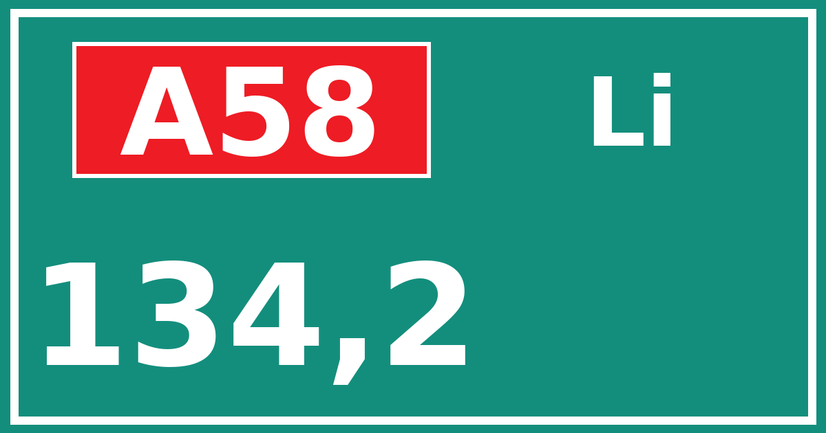 Hectometerbord A58 134,2 zijde Li