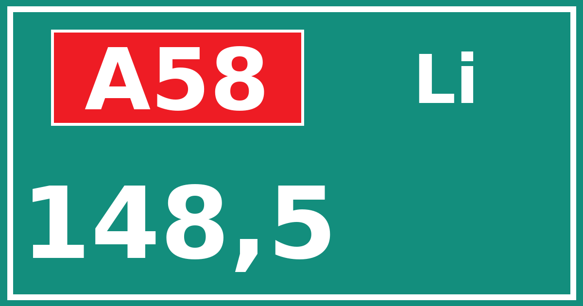 Hectometerbord A58 148,5 zijde Li