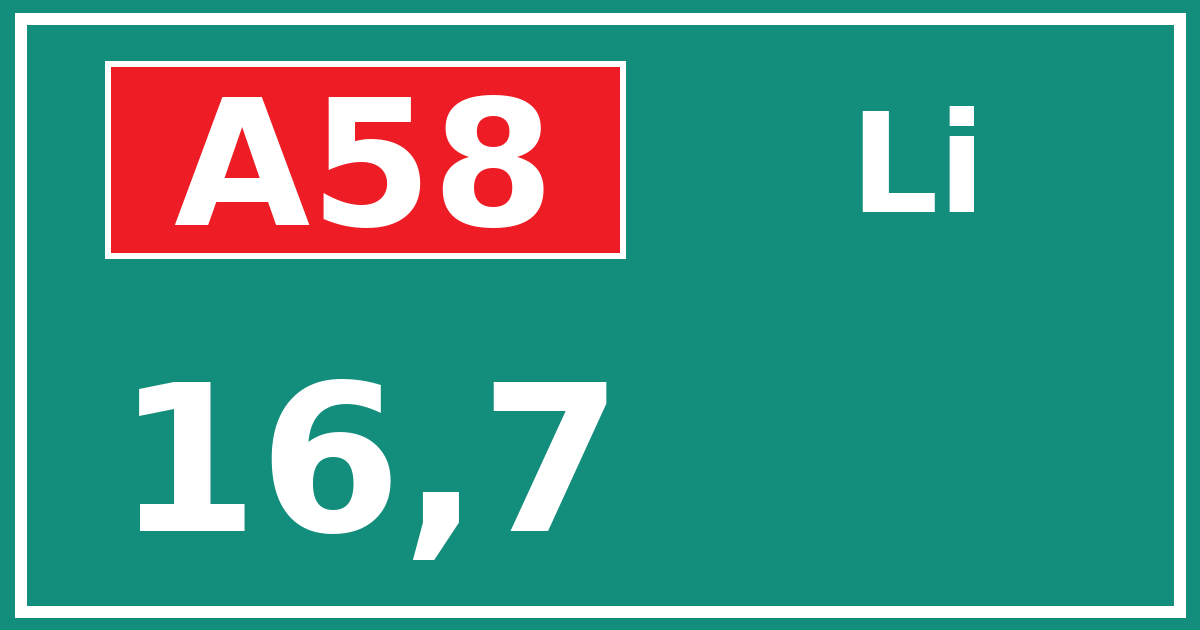 Hectometerbord A58 16,7 zijde Li