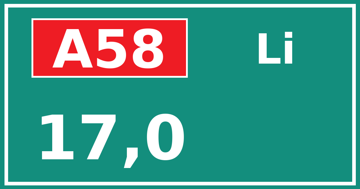Hectometerbord A58 17,0 zijde Li