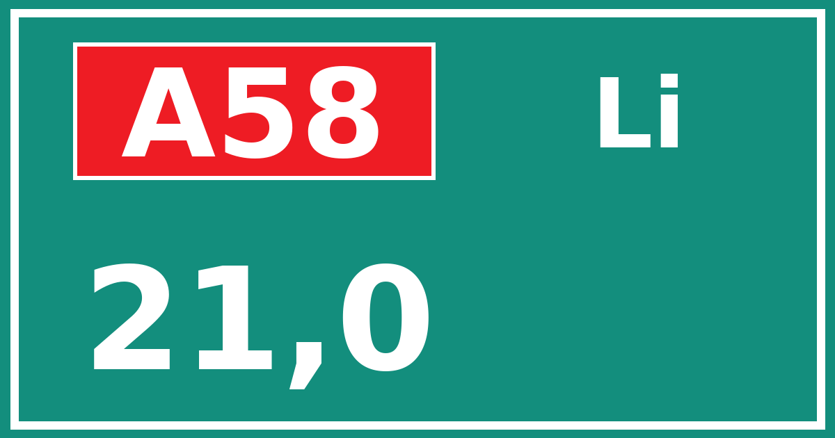 Hectometerbord A58 21,0 zijde Li