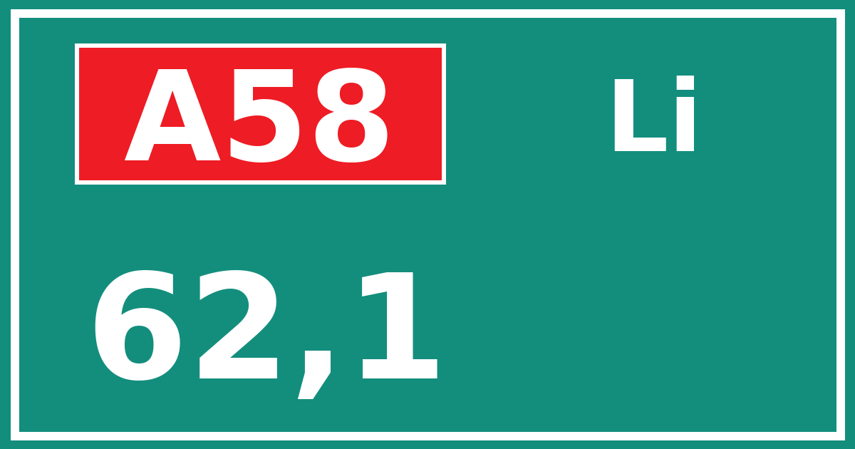 Hectometerbord A58 62,1 zijde Li