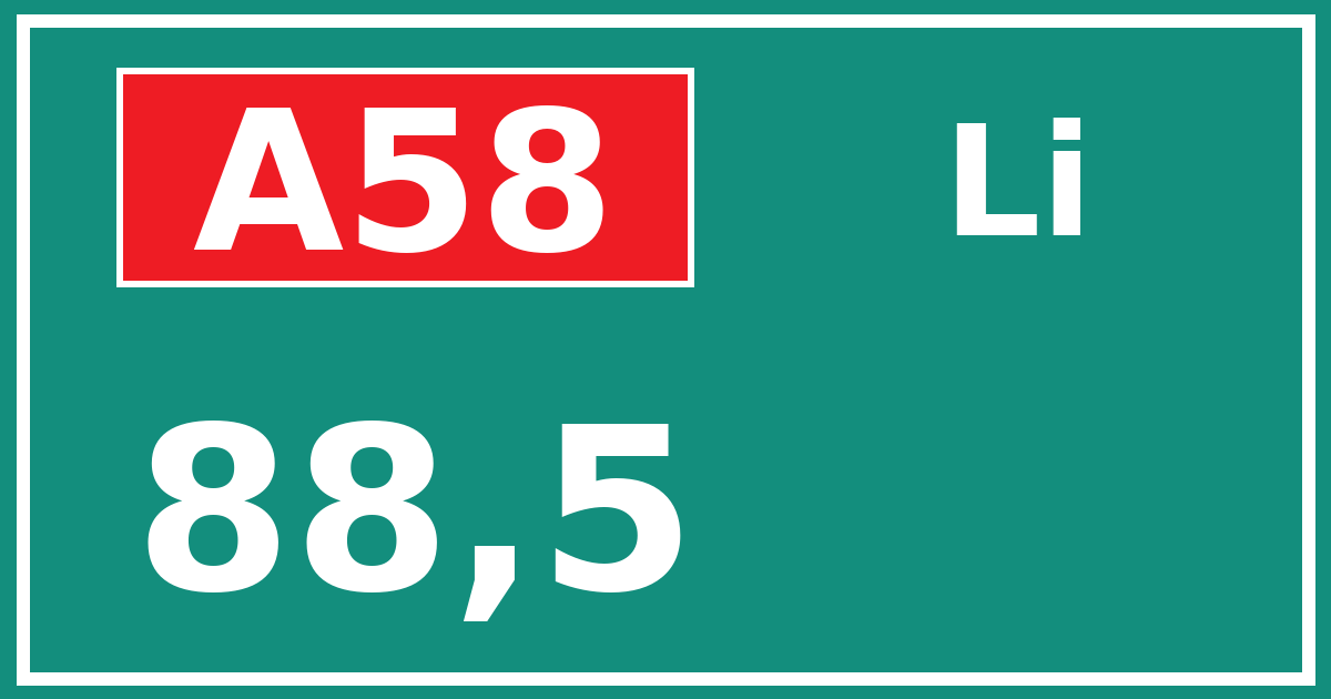 Hectometerbord A58 88,5 zijde Li