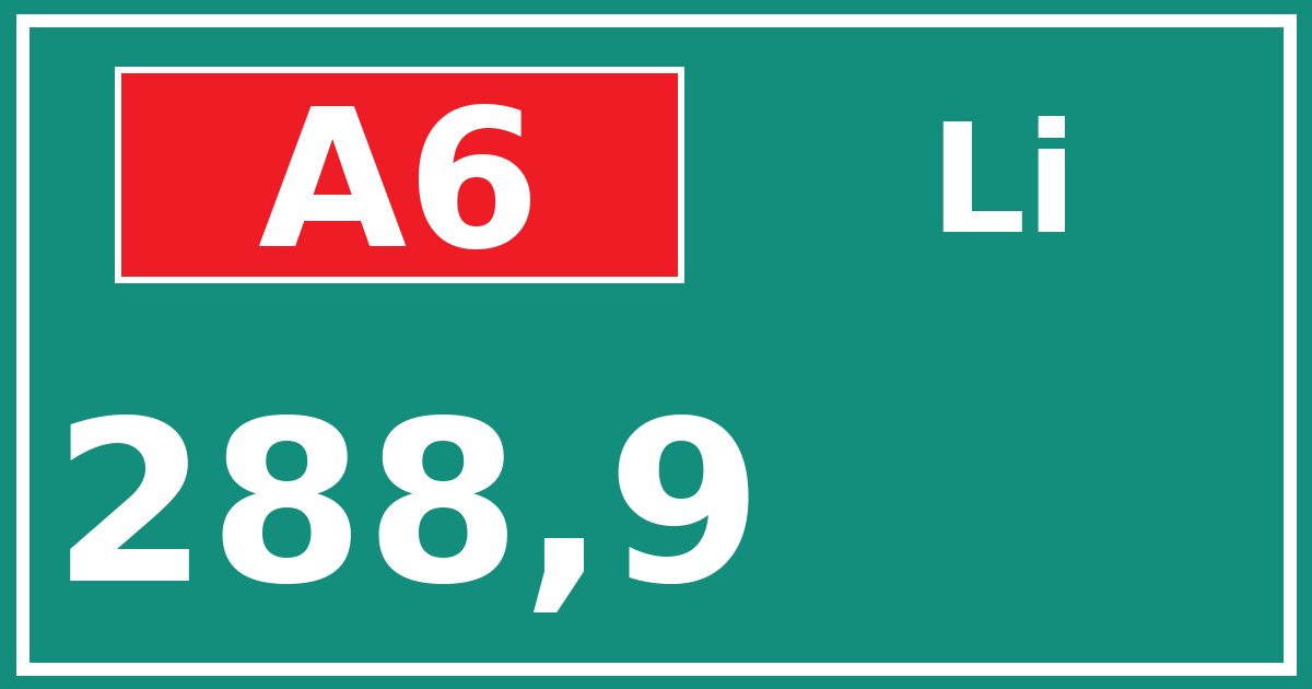 Hectometerbord A6 288,9 zijde Li