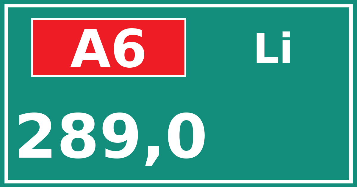 Hectometerbord A6 289,0 zijde Li