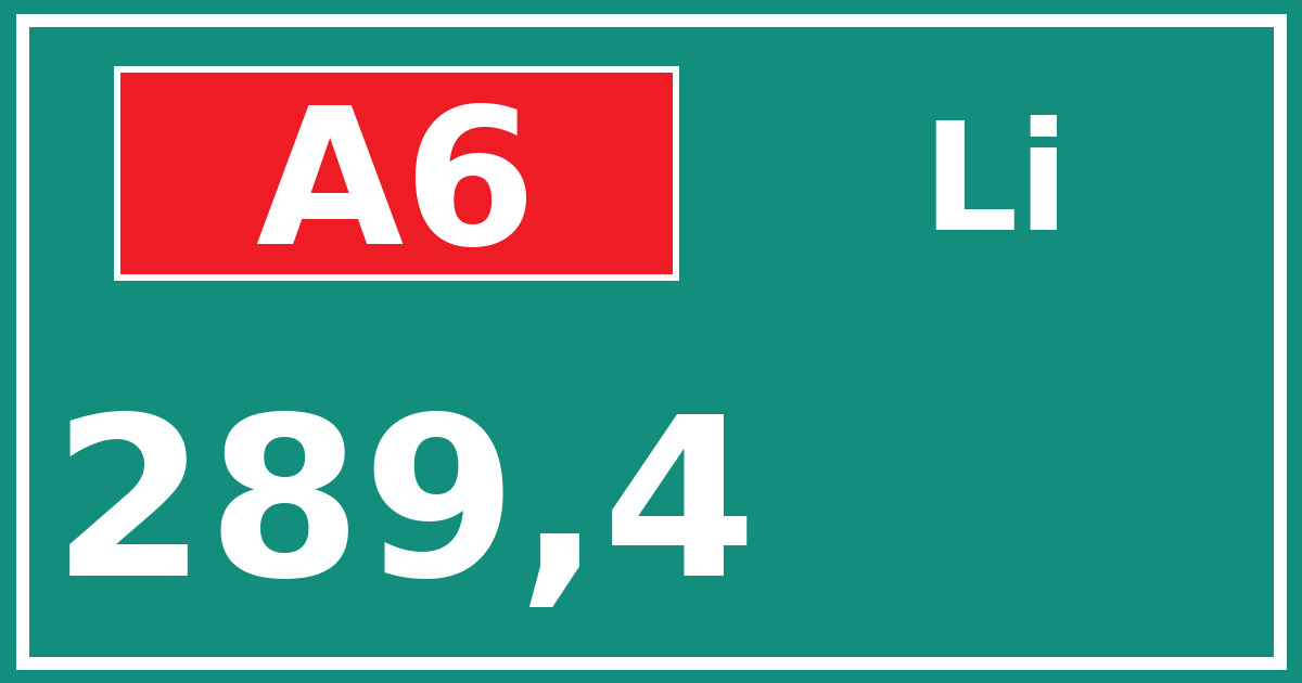 Hectometerbord A6 289,4 zijde Li