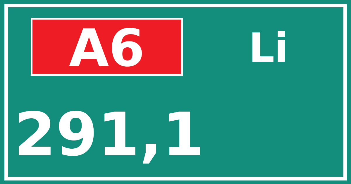 Hectometerbord A6 291,1 zijde Li