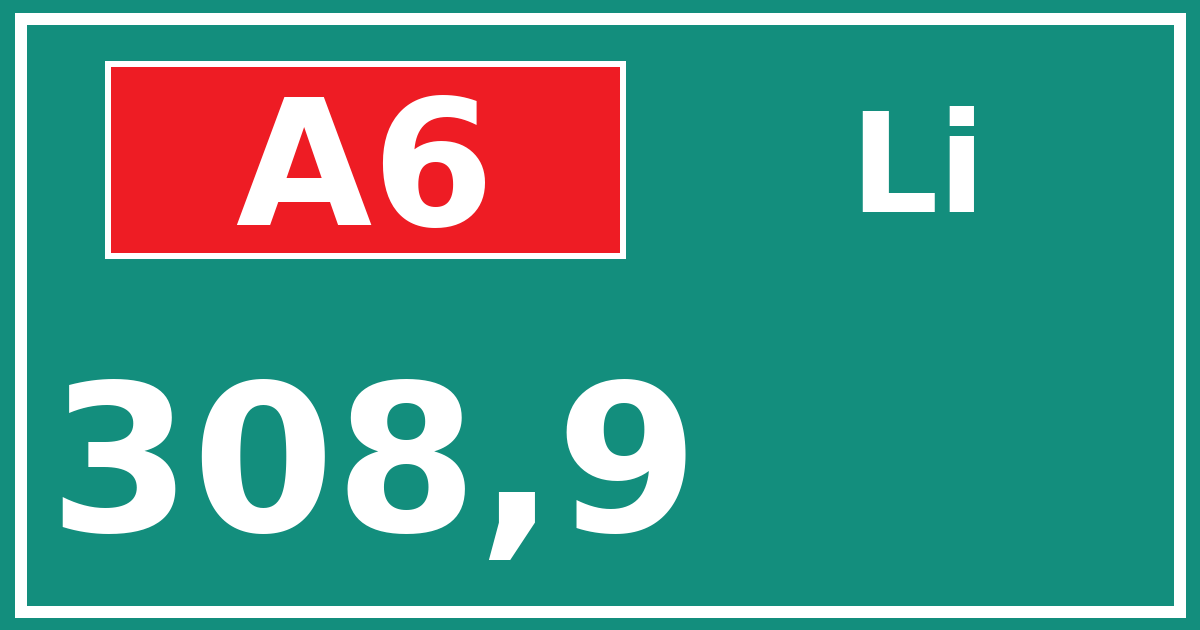 Hectometerbord A6 308,9 zijde Li