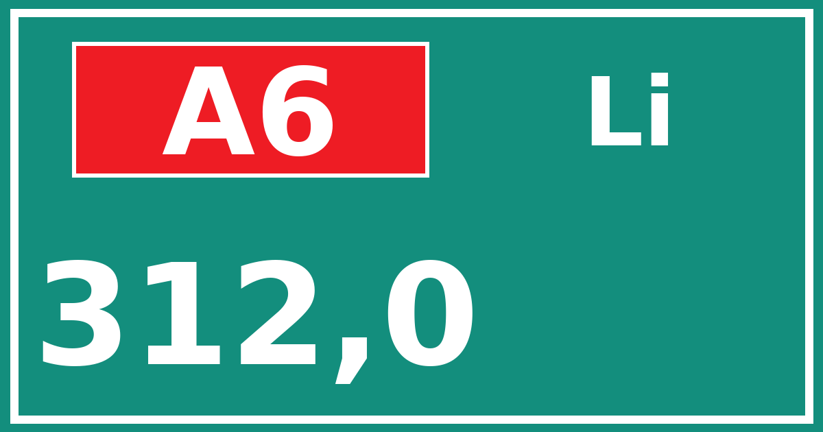Hectometerbord A6 312,0 zijde Li