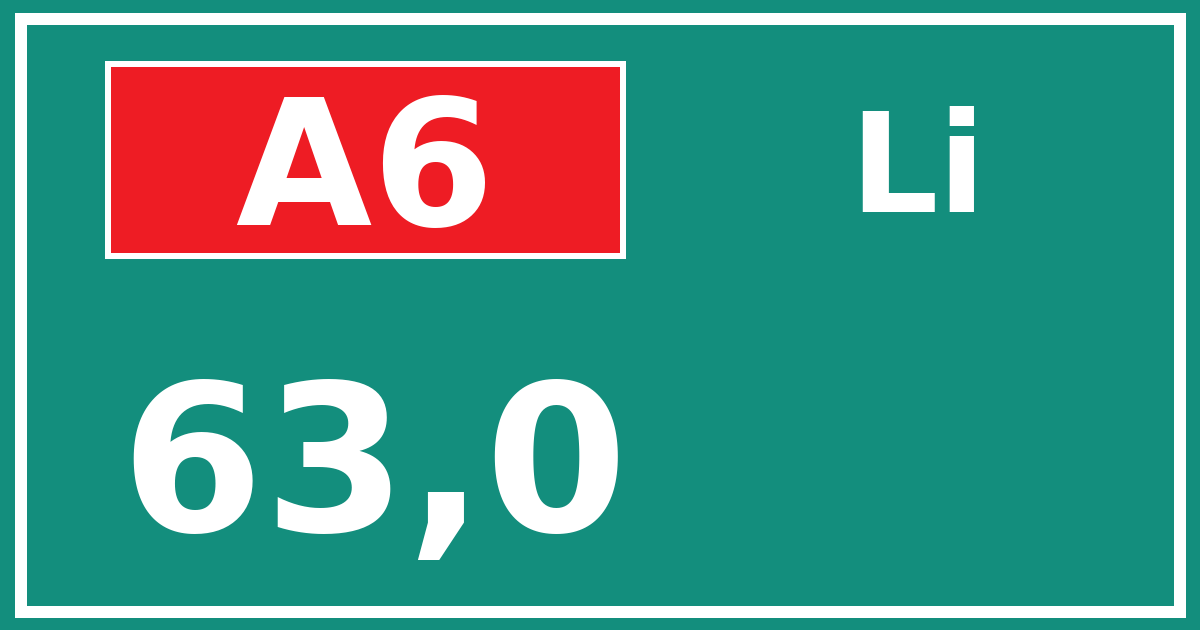 Hectometerbord A6 63,0 zijde Li