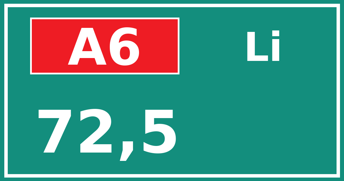 Hectometerbord A6 72,5 zijde Li