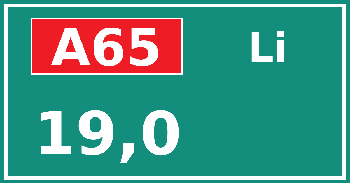 Hectometerbord A65 19,0 zijde Li