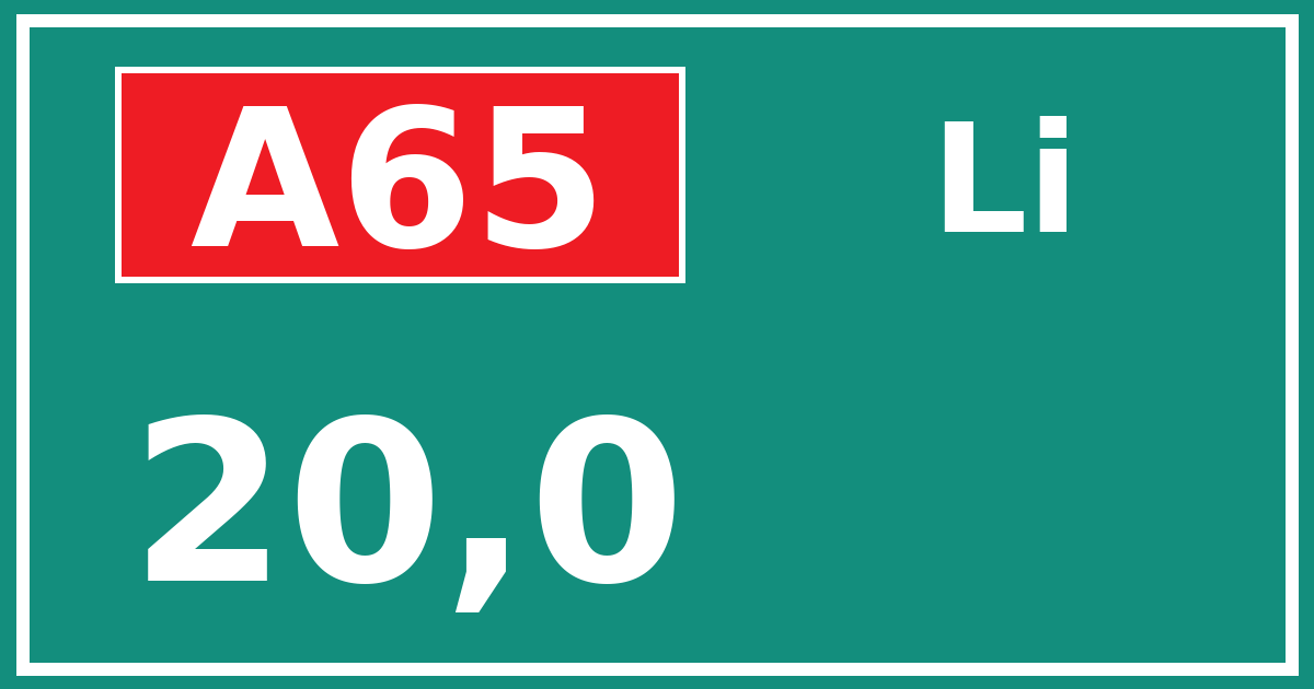 Hectometerbord A65 20,0 zijde Li