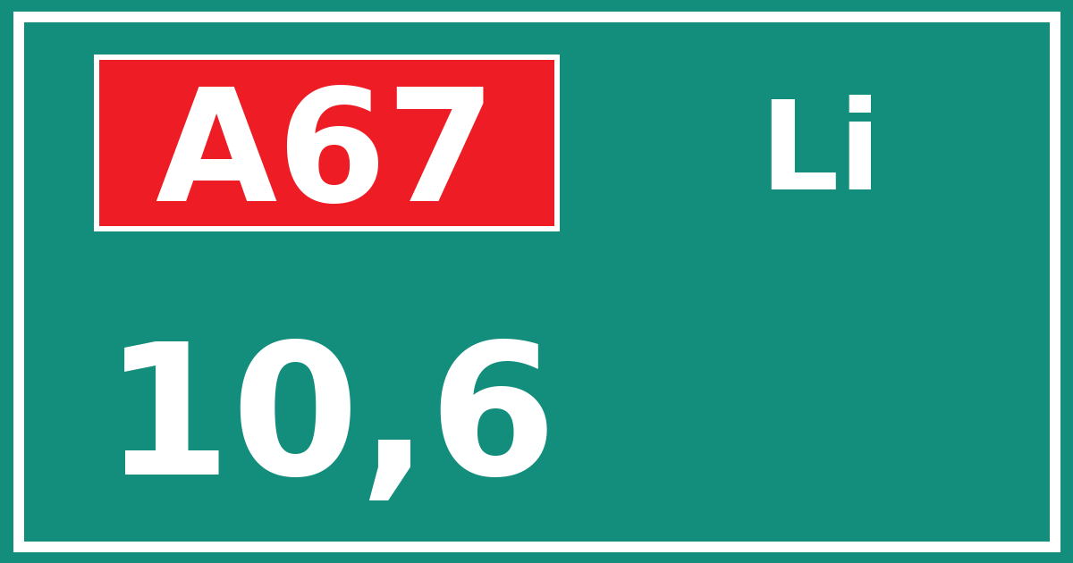 Hectometerbord A67 10,6 zijde Li