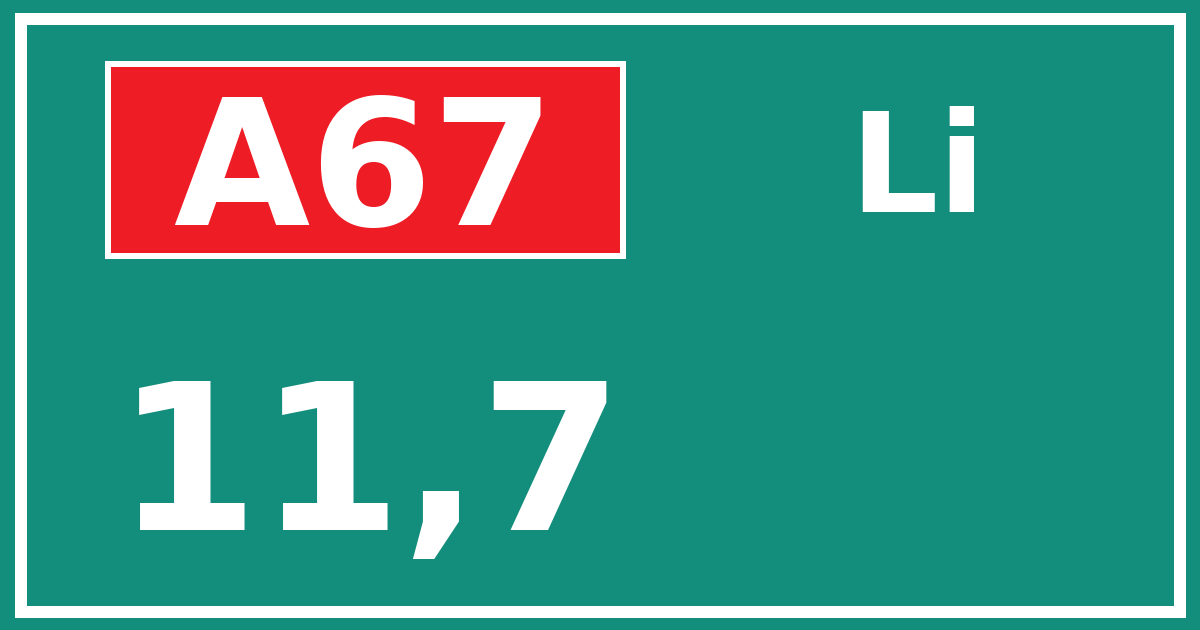 Hectometerbord A67 11,7 zijde Li