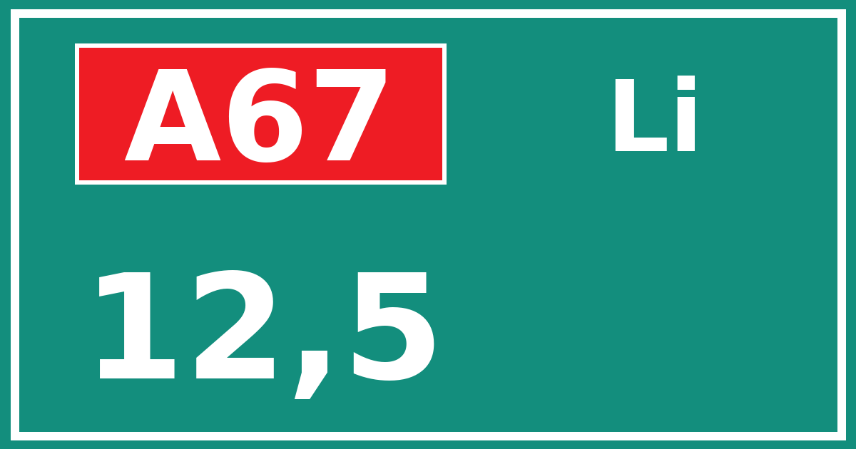 Hectometerbord A67 12,5 zijde Li