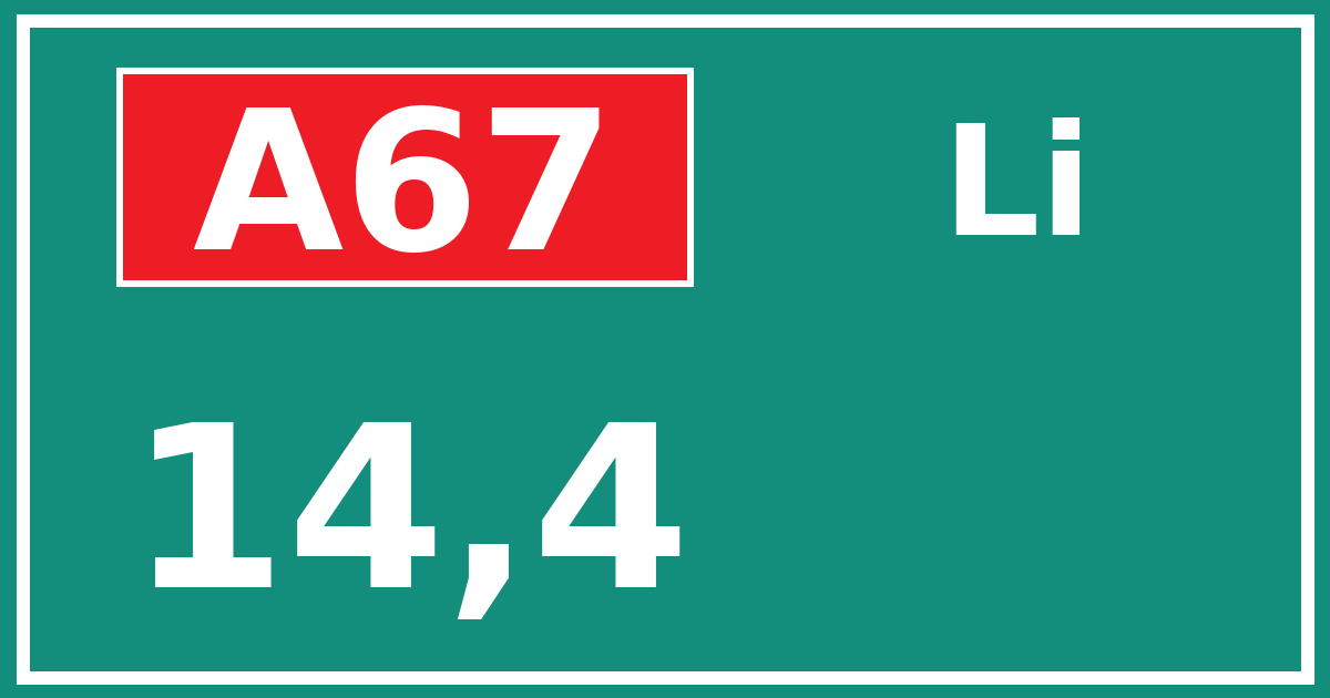 Hectometerbord A67 14,4 zijde Li