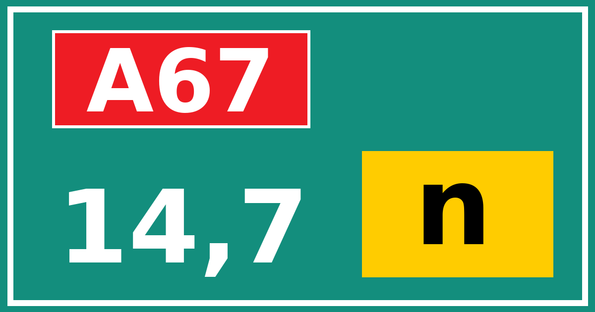 Hectometerbord A67 14,7 letter n